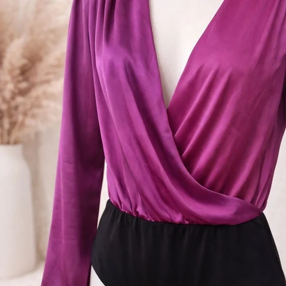 Strut & Bolt Magenta Satin Wrap Bodysuit | Size L | Long Sleeve V-Neck - Picture 3 of 7
